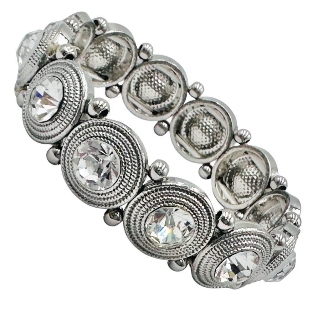Rhinestone Designer Look Silver Tone Stretch Bracelet